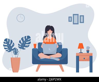 Une femme est assise sur une chaise et travaille avec un ordinateur portable. Le concept de travail ou d'étude à distance dans le bureau à domicile. Intérieur de la maison du salon. LIG Illustration de Vecteur