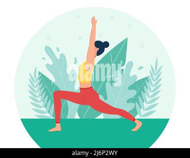 La fille fait du yoga dans l'air frais. Le concept de cours de yoga en plein air.Yoga dans la nature. Style plat. Fille dans la pose d'un guerrier. Une caricature femelle c Illustration de Vecteur