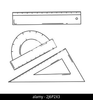 Un ensemble de lignes scolaires. Règle, coin et rapporteur. Fournitures de bureau pour les travaux de dessin. Fournitures scolaires. Vecteur noir et blanc. Style Doodle. Dépouille. Illustration de Vecteur