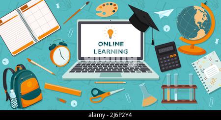 Ensemble d'éléments de conception sur le thème de l'apprentissage en ligne, des écoles et de l'éducation. Concept de la bannière. Style plat.horizontal. L'arrière-plan est un pa Illustration de Vecteur
