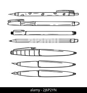 Jeu de stylos, crayons automatiques et ordinaires, stylo de calligraphie.papeterie pour l'écriture et le dessin. Fournitures scolaires. Vecteur noir et blanc. Style d'esquisse, Illustration de Vecteur