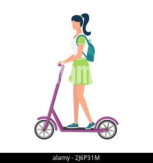 Une jeune femme en jupe et un sac à dos prend un scooter. Transport urbain écologique. Véhicule de transport en ville.activités sportives en plein air. Illustration de Vecteur