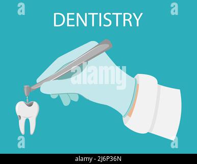 Traitement dentaire. Une main gantée tient une perceuse dentaire. Traitement de caries, dents de forage. Rendez-vous professionnel avec le dentiste. Dent avec une voiture Illustration de Vecteur