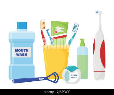 Composition des articles pour le nettoyage des dents et les soins buccaux. Brossage des dents. Accessoires dentaires pour l'hygiène bucco-dentaire. Un mode de vie sain. Illustration vectorielle dans f Illustration de Vecteur