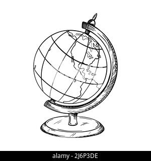 Croquis d'un globe scolaire sur un stand. La carte montre l'Amérique du Sud et du Nord. Élément pour l'éducation et l'étude de la géographie. Dessiné à la main et isolé Illustration de Vecteur