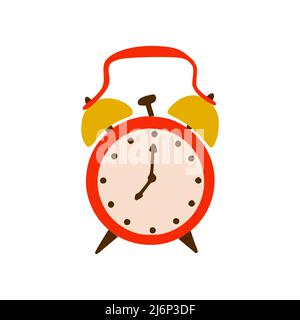 Radio-réveil pour 7 heures. Il est temps de se lever à l'école ou au travail. Montre mécanique rétro avec un marteau. Un dessin simple est dessiné à la main. Isolé sur un b blanc Illustration de Vecteur