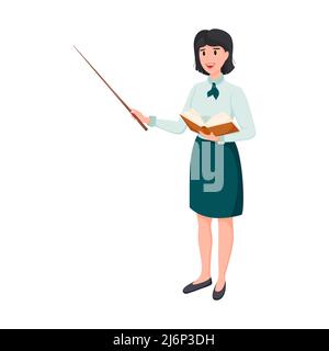 Une enseignante dans une jupe et un chemisier se tient avec un pointeur dans une main et un livre ouvert dans l'autre. Un joli professeur avec de courts cheveux foncés est smili Illustration de Vecteur