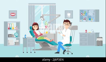 La fille est assise dans une chaise à un rendez-vous de dentiste.médecin masculin tenant des instruments.concept d'un cabinet dentaire.intérieur avec meubles et fenêtre. Couper Illustration de Vecteur