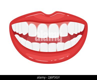 Bouche ouverte avec dents. Un sourire blanc neige. Belles lèvres aux dents blanches. Dentisterie esthétique. Faire de la publicité pour un mode de vie sain et des soins dentaires. Illustration de Vecteur