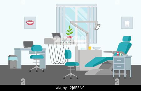 Concept d'unité dentaire avec chaise, lampe, étagère, évier et fenêtre réglables. Bureau médical dans un style plat. Intérieur et équipement modernes dans le Illustration de Vecteur