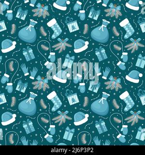 Motif sans couture avec éléments de Noël dans des tons bleus sur fond bleu foncé. Idéal pour emballer du papier, des boîtes-cadeaux. Objets plats isolés et hidd Illustration de Vecteur