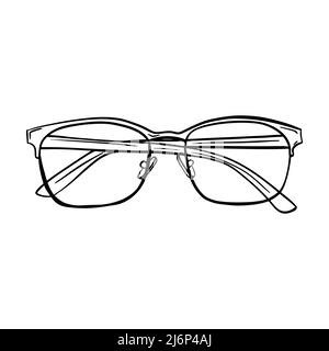 Esquisse de lunettes optiques. Lunettes avec verres transparents avec bras pliés. Style Doodle. Vue avant. Dessiné à la main et isolé sur un fond blanc. Illustration de Vecteur