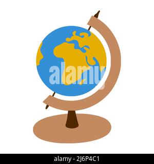 Globe sur un stand. Vue sur l'Afrique. Inventaire scolaire pour la géographie. Symbole de déplacement. Un dessin simple est dessiné à la main. Isolé sur un fond blanc. Illustration de Vecteur