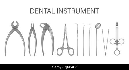 Un ensemble d'outils dentaires. Instruments pour le traitement et le contrôle des dents et de la cavité buccale. Équipement de clinique dentaire. Style plat, illustration vectorielle, isolé Illustration de Vecteur