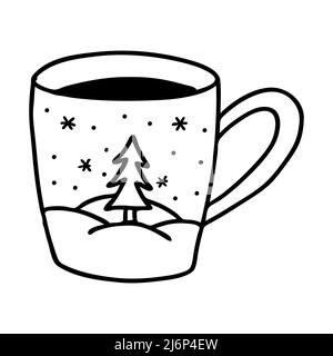 Une tasse de thé et un motif hiver avec un simple sapin. Style Doodle. L'esquisse est dessinée à la main et isolée en blanc. Élément du nouvel an et de Noël d Illustration de Vecteur