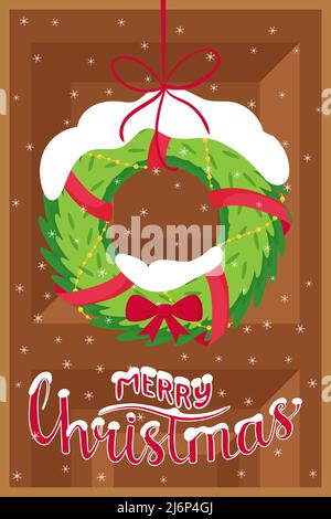 Le concept d'une nouvelle année, carte de vœux de Noël avec les mots Joyeux Noël. Couronne d'épicéa sur la porte avant. Modèle de carte de vœux vertical dans Illustration de Vecteur