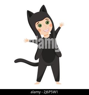 Une fille en costume de chat noir. Robe de fantaisie. Drôle de personnage de dessin animé est heureux. L'enfant se tient avec ses bras étirés. Illustration vectorielle plate. JE Illustration de Vecteur