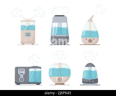 Un ensemble d'humidificateurs à ultrasons à vapeur de différentes formes. Appareils ménagers pour la maison. Un générateur de brume. Illustrations vectorielles de style plat. Est Illustration de Vecteur