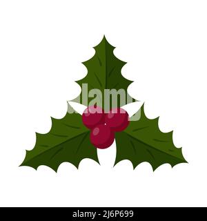 Holly, branche Ilex avec baies et feuilles, GUI. Symbole des fêtes de Noël et du nouvel an. Un élément de conception de style plat et isolé sur un Illustration de Vecteur