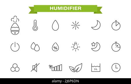 Icônes définies sur le thème de l'humidificateur. Style linéaire. Humidificateur, humidité de l'air, minuterie, température, rétroéclairage, mode silencieux, mode nuit, capacité Illustration de Vecteur