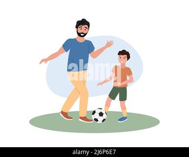 Père et fils jouant au football. Papa, garçon et ballon de football sur l'herbe. Activités de plein air en été en famille. Fête des pères. Illustration vectorielle plate. Illustration de Vecteur