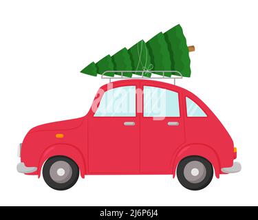 Voiture avec un arbre de Noël sur le toit. Illustration de style plat isolée sur fond blanc. Élément de la nouvelle année et du design de Noël Illustration de Vecteur