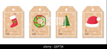 Un ensemble d'étiquettes et d'étiquettes pour des cadeaux avec des éléments de Noël. Noël bas, chapeau de fourrure, arbre de Noël décoré, couronne.jolies illustrations dans un plat Illustration de Vecteur