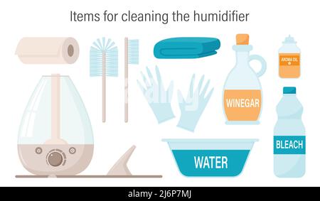 Ensemble d'éléments pour le nettoyage et l'entretien de l'humidificateur à ultrasons à vapeur et du diffuseur de brume. Illustration vectorielle. Isolé sur un fond blanc Illustration de Vecteur
