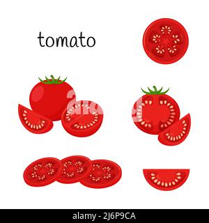 Tomate mûre. Entier, en tranches, quart et demi en coupe transversale. Légumes, ingrédients, éléments de conception d'emballages alimentaires, recettes, menu. Isolé sur un coup Illustration de Vecteur