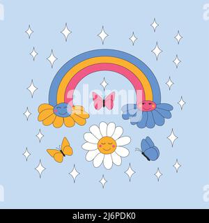 Pâquerettes rétro et joies sur fond bleu. Illustration de Vecteur