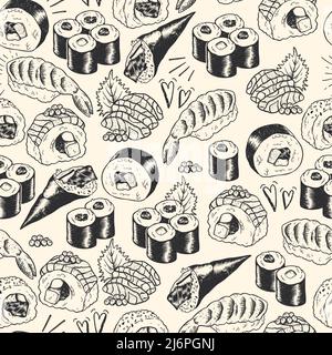 Magnifique sushi dessiné à la main sans couture motif, dessin, éléments de caniche, idéal pour les textiles, bannières, fonds d'écran, menus, arrière-plan - dessin vectoriel Illustration de Vecteur