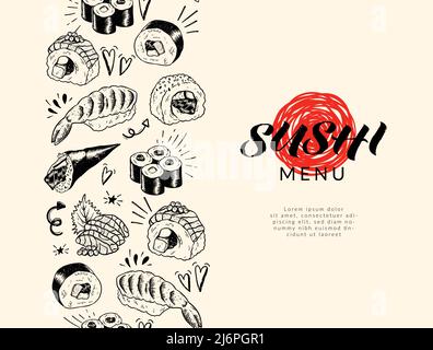 Magnifique sushi dessiné à la main sans couture motif, dessin, éléments de caniche, idéal pour les textiles, bannières, fonds d'écran, menus, arrière-plan - dessin vectoriel Illustration de Vecteur