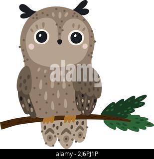 Chouette chouette chouette assise sur la branche de l'arbre. Oiseau de forêt Illustration de Vecteur