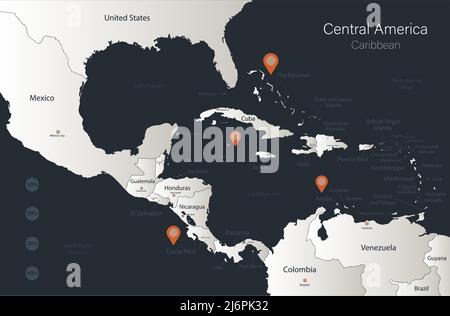 Carte de l'Amérique centrale et des Caraïbes, Infographics Flat design couleurs blanc neige, avec les noms des États individuels et vecteur insulaire Illustration de Vecteur