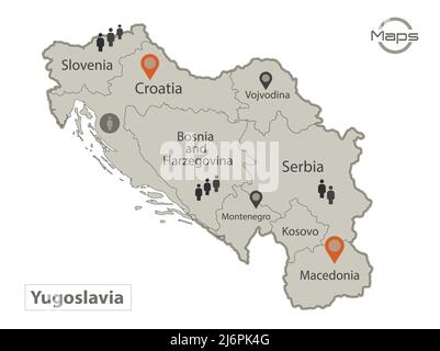 Carte de Yougoslavie, régions individuelles avec noms, infographies et vecteur d'icônes Illustration de Vecteur