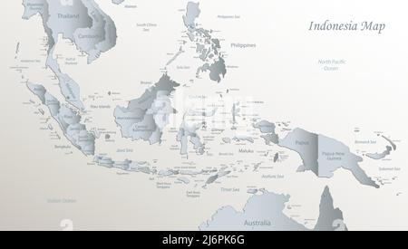 Carte de l'Indonésie, division administrative avec noms, papier blanc bleu cartonné 3D vecteur Illustration de Vecteur