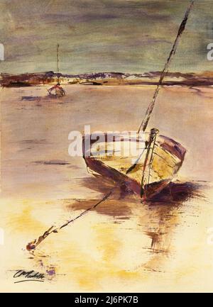 Marée basse. Une peinture d'un boa amarré s'agrée à marée basse dans le nord de Norfolk en Angleterre Banque D'Images
