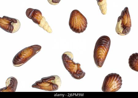 Collation décorative de coquillages au chocolat isolée sur fond blanc Banque D'Images