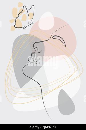 Face abstraite avec un papillon. Imprimé tendance. Une beauté féminine minimaliste. Ligne continue, dessin de visages et coiffures établis, tendance Illustration de Vecteur