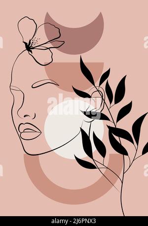 Fille. La face est une ligne et des taches colorées. Affiche abstraite avec un visage féminin minimal. Style de dessin d'une seule ligne. Illustration de Vecteur