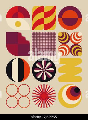 Motif Art moderne inspiré du design Bauhaus, avec des formes géométriques abstraites et des formes audacieuses. Éléments graphiques numériques pour affiche, couverture, art, rp Illustration de Vecteur
