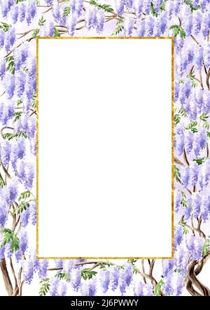 Wisteria Blossom enregistre la date d'invitation ou le fond de carte de vœux. Illustration aquarelle dessinée à la main Banque D'Images