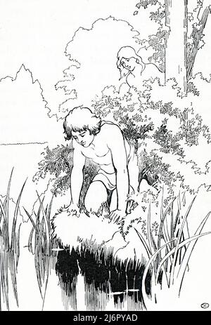 Dans la mythologie grecque, Echo était une nymphe que Hera a punie en lui rendant impossible de parler en premier ou d'être silencieuse chaque fois que quelqu'un d'autre parlait. Elle est tombée amoureuse de Narcisse, pour qui elle a bridé jusqu'à ce que seule sa voix soit laissée, d'où la dérivation du mot 'echo'. Apollon punit Narcisse pour avoir éconduit Echo en le faisant tomber amoureux de lui-même lorsqu'il voyait sa réflexion dans l'eau d'une fontaine. Banque D'Images