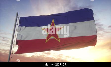 Le drapeau national de la Yougoslavie flotte dans le vent. 3d rendu. Banque D'Images