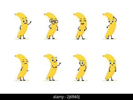 caractère banane avec visage drôle. Ensemble joli et mignon emoji. Illustration de Vecteur