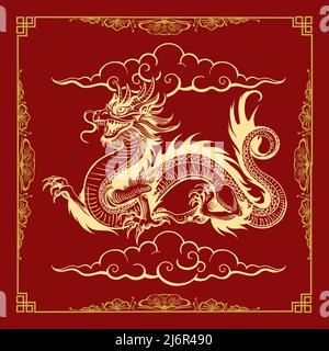 Illustration du dragon d'or chinois traditionnel isolé sur fond rouge. Illustration vectorielle. Illustration de Vecteur