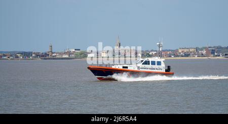 Harwich Haven bateau pilote sur la rivière Orwell avec Harwich en arrière-plan. Banque D'Images