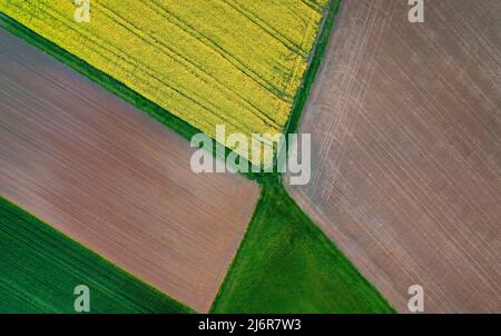 03 mai 2022, Bavière, Castell : un champ de colza en fleur, un sol arable brun et un champ déjà vert forment un modèle géométrique vu d'un point de vue d'oiseau (image prise avec un drone). Photo : Karl-Josef Hildenbrand/dpa Banque D'Images