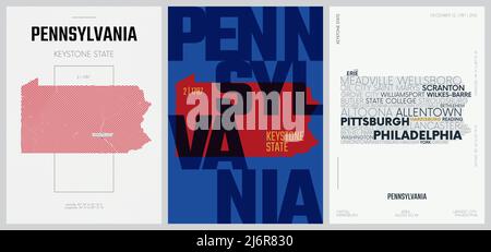 2 sur 50 ensembles, US State Posters avec nom et information dans 3 Styles de design, détail vectoriel art imprimer carte de Pennsylvanie Illustration de Vecteur