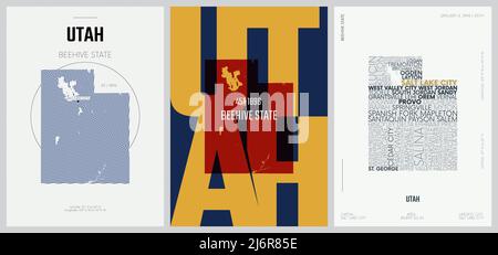 45 sur 50 ensembles, US State Posters avec nom et information dans 3 styles de design, détail vectoriel art imprimer carte de l'Utah Illustration de Vecteur
